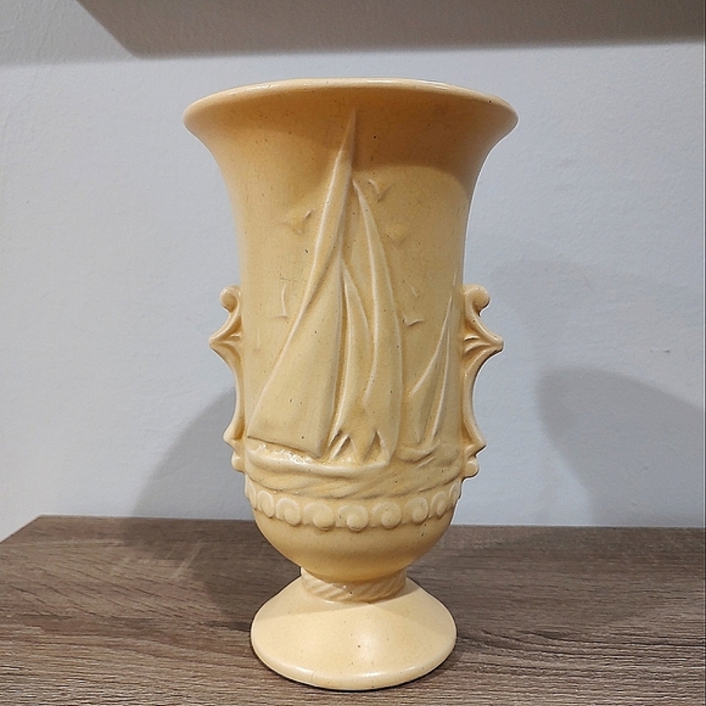 McCoy Pottery Vintage Sailboat Yellow Pedestal Flower Vase Mid-Century RARE